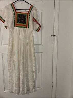 White Embroidered Mexican-Style Girls' Dress with Rainbow Trim